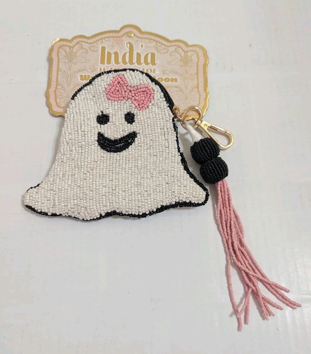 Wandering Moon White Ghost Pink Bow Bag Beaded Pouch Wallet Bag Tassel Key Hook